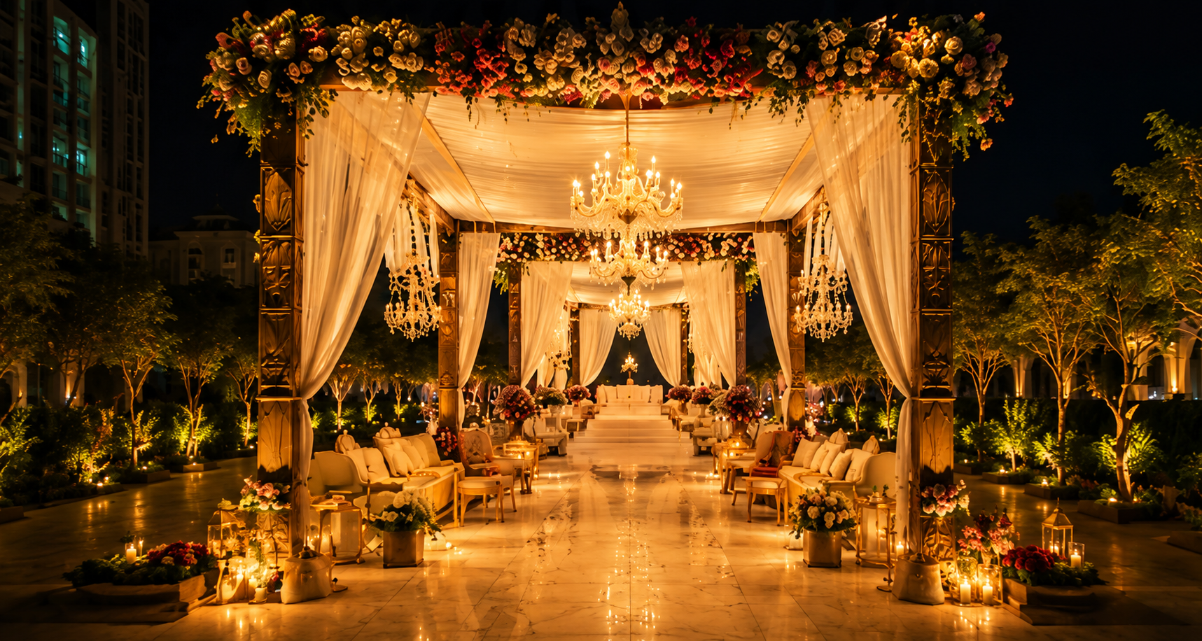 Luxury wedding venue decorated for an evening celebration